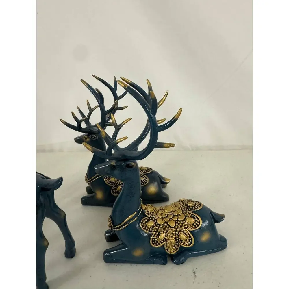 Set of 6 Decorative Deer Figurines Navy Blue Gold Accents Christmas Home Decor